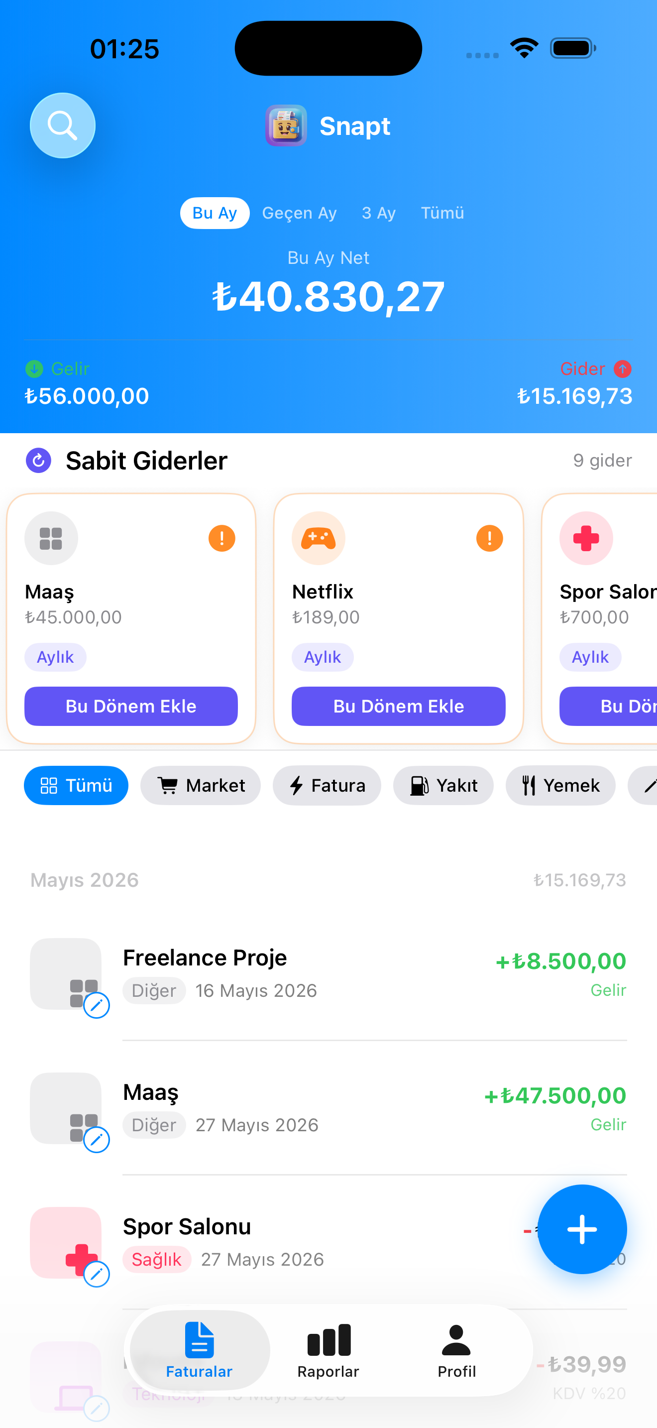 Snapt ana ekranı — Sabit Giderler, fatura listesi ve aylık toplam